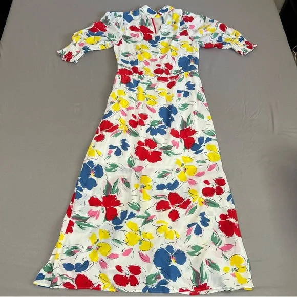 Rixo white Floral multicolored Mock Neck Cascade Ruffle Dress short sleeves sz 6 - Picture 11 of 16